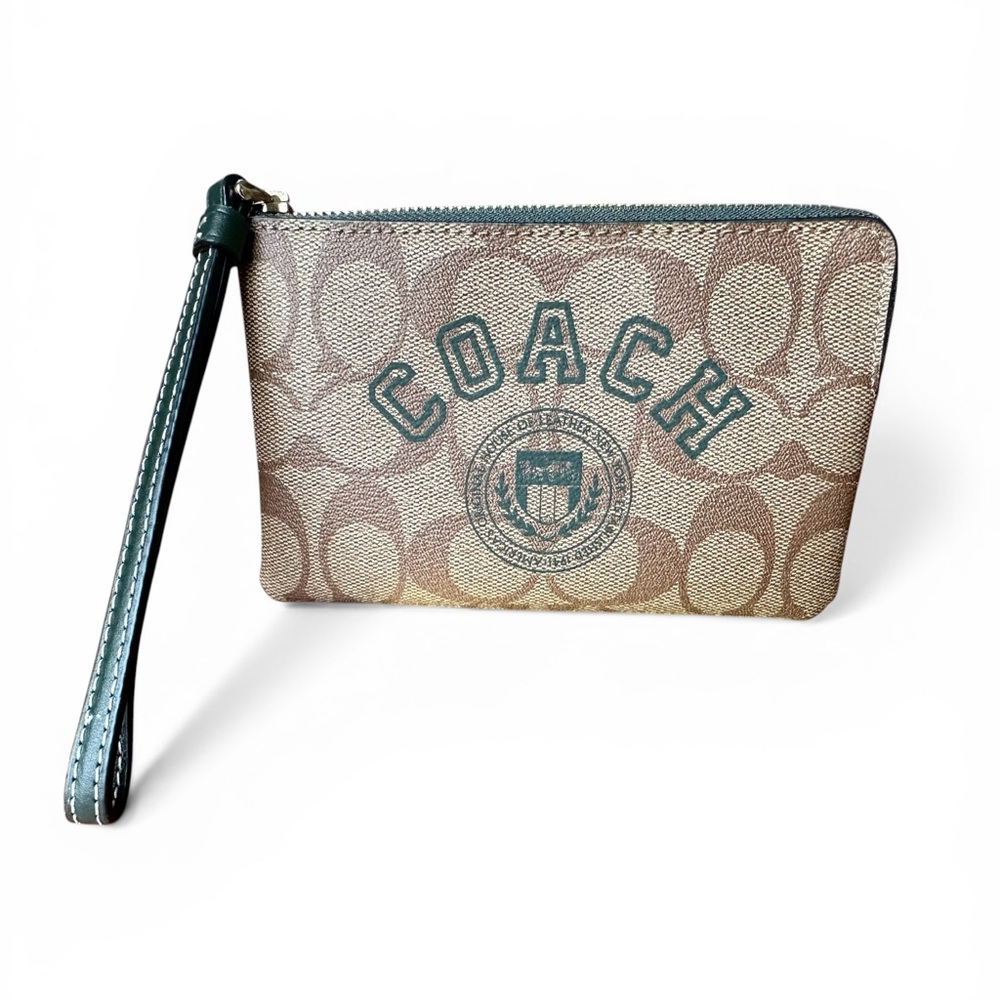 Coach Corner Zip Wristlet in Signature Canvas with a Varsity Motif NWOT